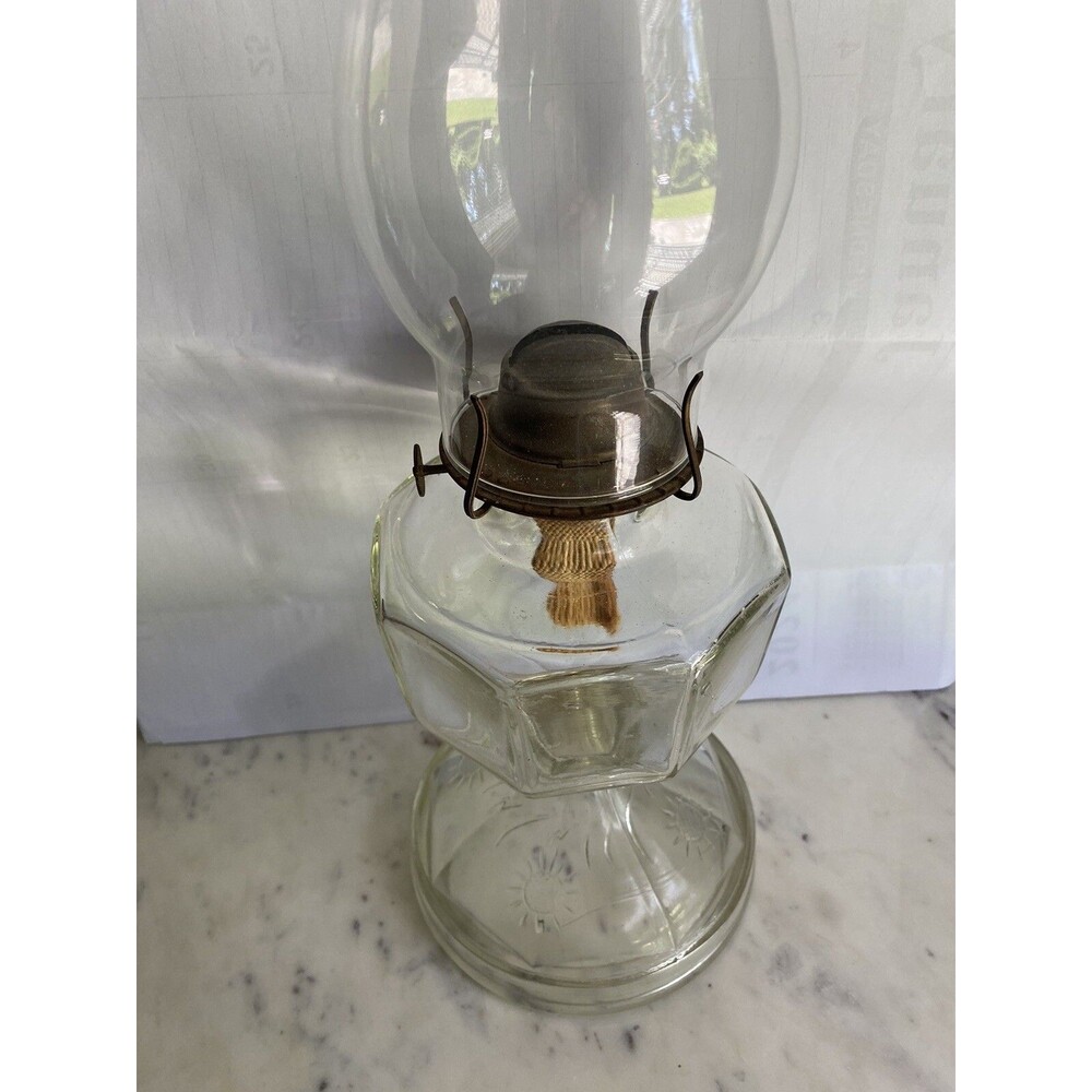 VINTAGE CLEAR PRESSED GLASS OIL LAMP WITH SUN PATTERN METAL SHADE